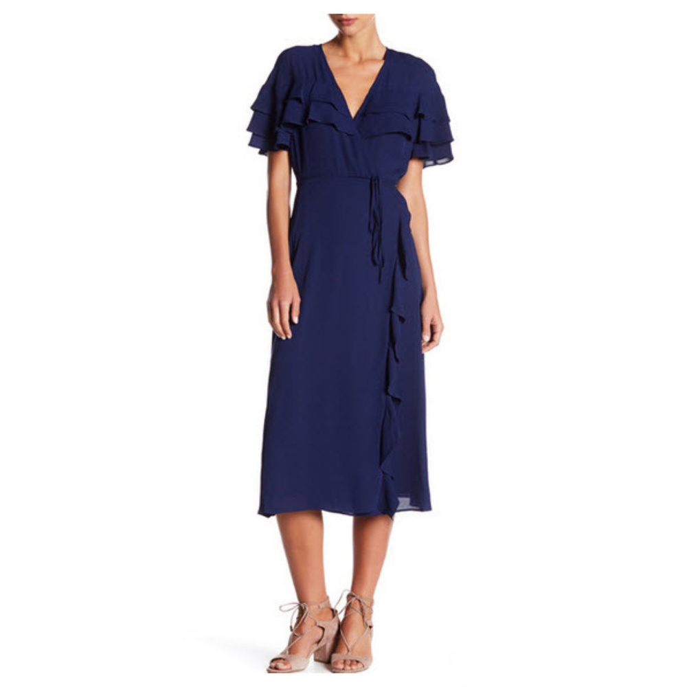 1.STATE Tiered Ruffle Sleeve Wrap Dress Navy Large
